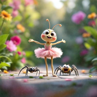 The primary subject of the image is a cartoon character, specifically a ladybug, standing on a sidewalk. The setting is a garden with flowers surrounding the ladybug. The visual style is a digital art or illustration, creating a whimsical and playful atmosphere. The colors are predominantly pink and green, with the ladybug being pink and the flowers being green.